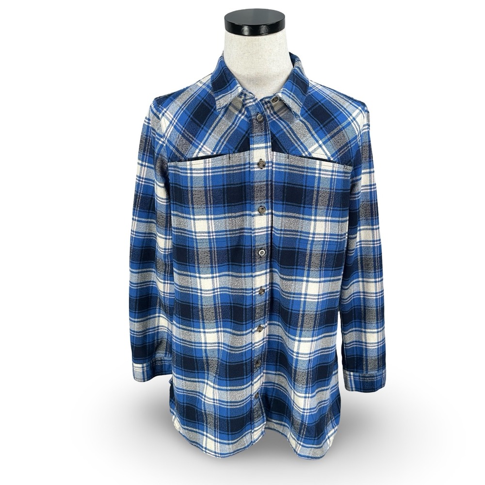 Duluth Trading Co Womens Blue Plaid Flannel Button Down Shirt Gray Pink Large